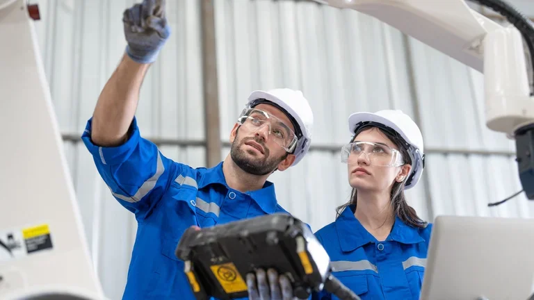 Ingenieros en entrenamiento operando robot industrial en fábrica.