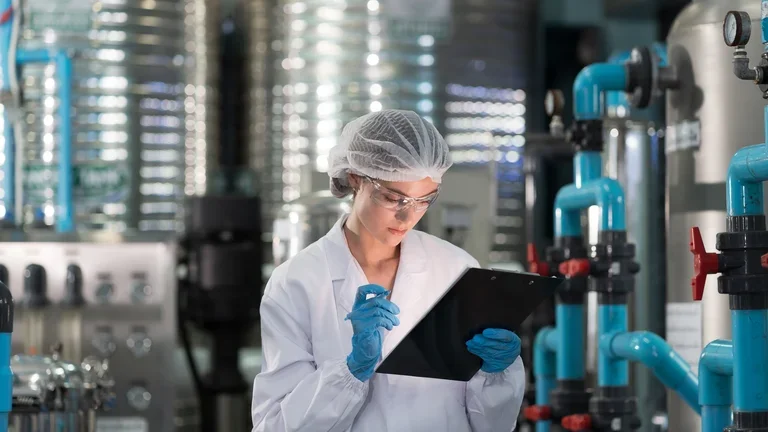 Científica revisando una carpeta en una planta industrial, rodeada de tuberías y tanques.     