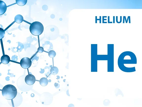 Símbolo del helio (He) con ilustración molecular — gas noble utilizado en la industria.