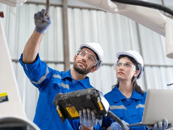Ingenieros en entrenamiento operando robot industrial en fábrica.