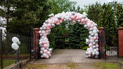 Arco de globos en color rosa y plateado.